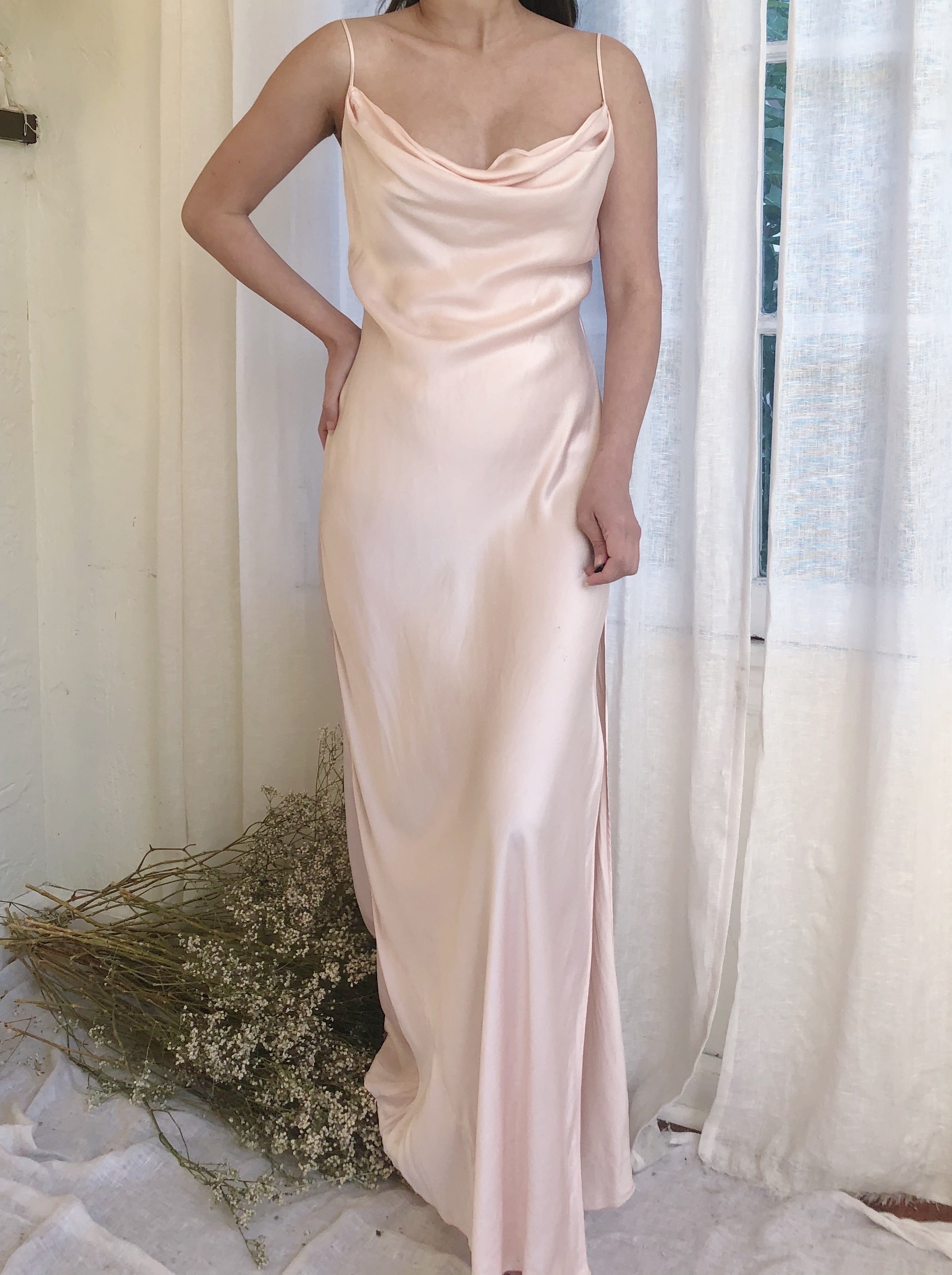 Pink Silk Bias Cut Silk Long Dress - M ...